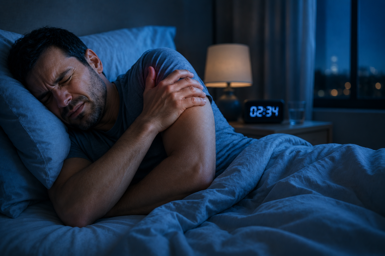 Douleur d’épaule la nuit : personne éveillée dans son lit, la main sur l’épaule